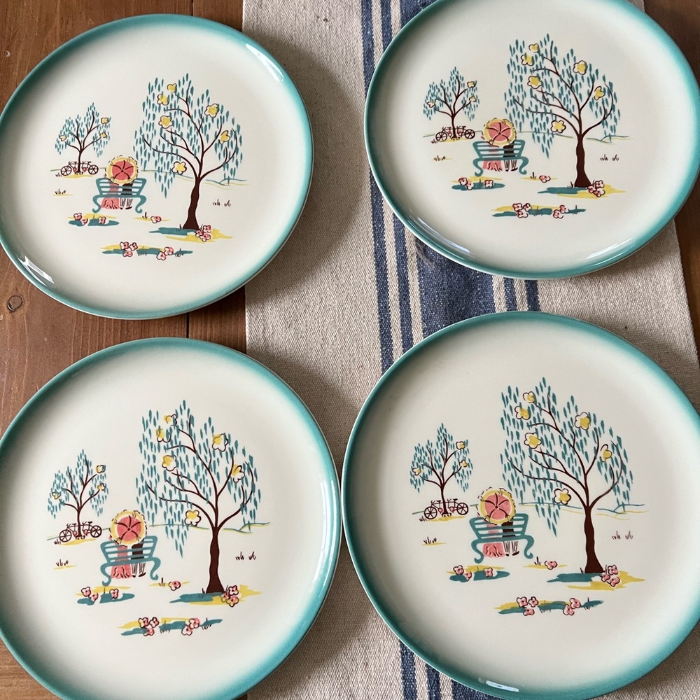 4 Vintage 11" Dinner Plates Brock of California Forever Yours Turquoise MCM
